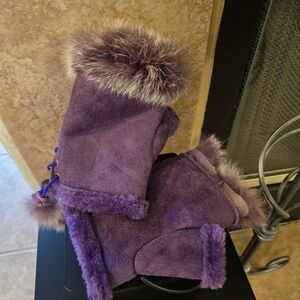 Faux Fur Gloves Purple Fingerless Mittens